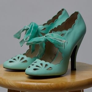 Teal heeled Mary Janes with ribbon tie BRIDAL